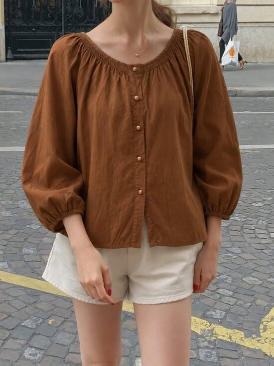 Tops - Women's Brown Puff Sleeve Peasant Blouse
